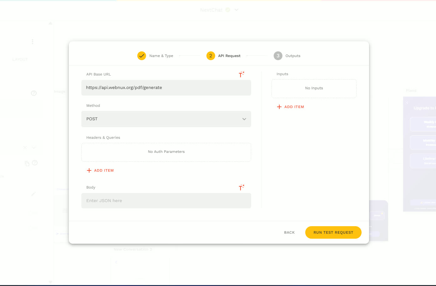 Adalo Custom Action API Request step with API Base URL set to https://api.webnux.org/pdf/generate and Method POST