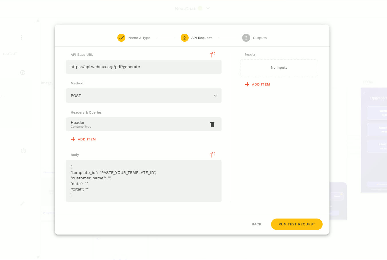 Adalo Custom Action showing the Content-Type header added and the JSON body with template_id, customer_name, date and total