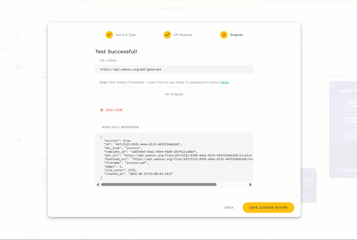 Adalo Test Successful screen showing the full PDF generate response with success, id, doc_type, template_id, pdf_url and download_url
